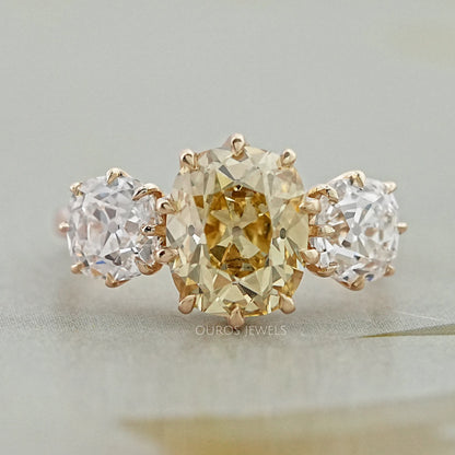 Fancy Yellow Old Mine Cushion Diamond Three Stone Ring Rings
