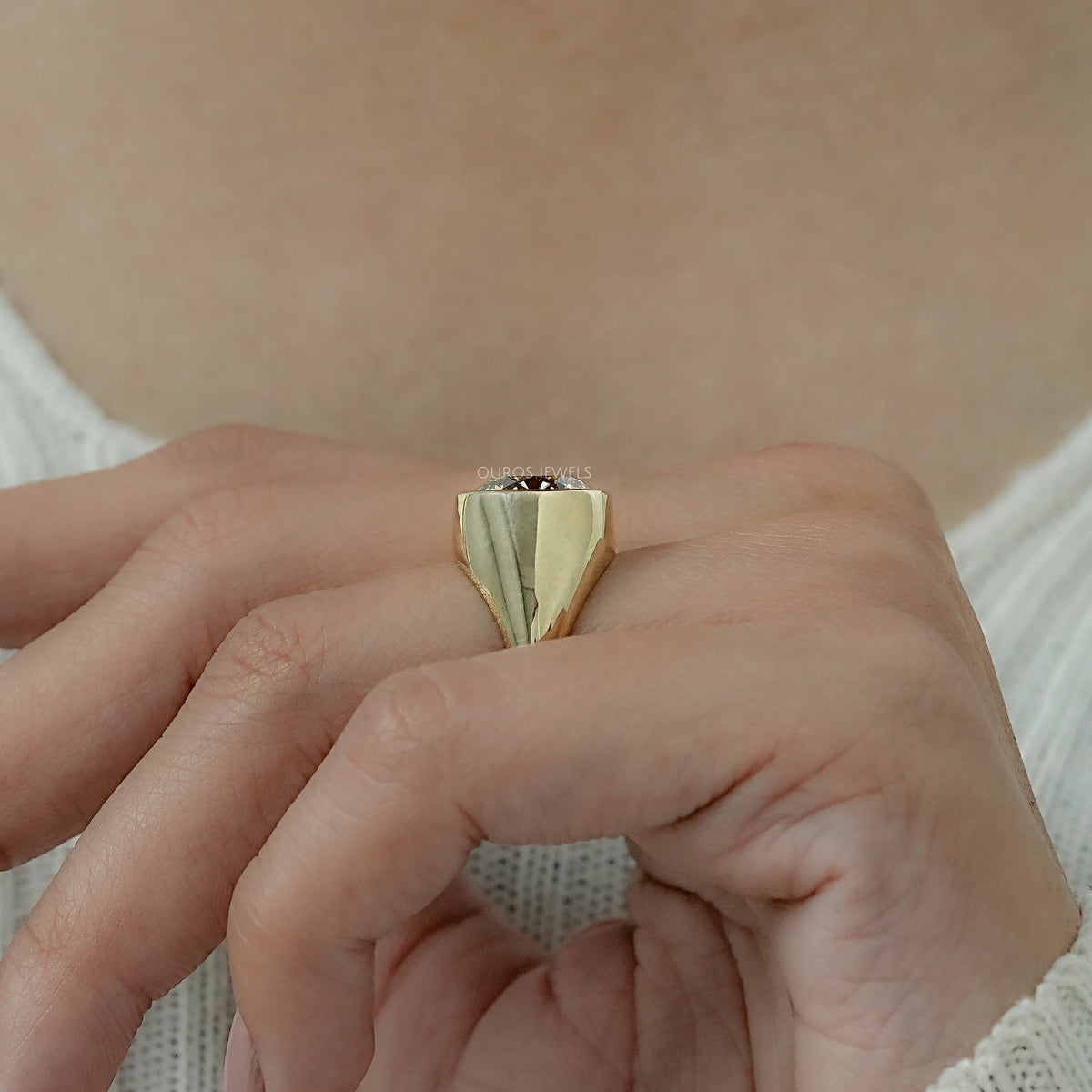 Fancy Yellow Round Diamond Bezel Set Signet Ring Ring