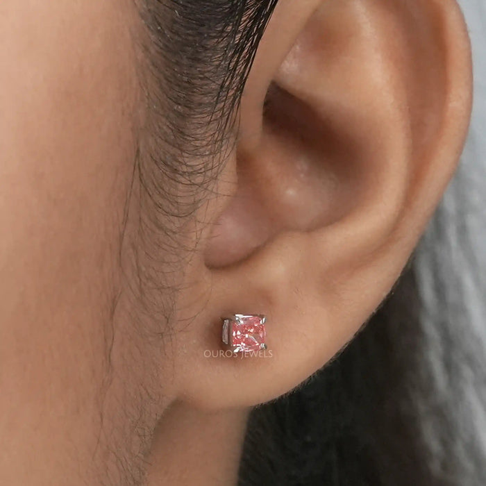 pink cushion diamond 4 prong setting flat back stud earring white gold on ear
