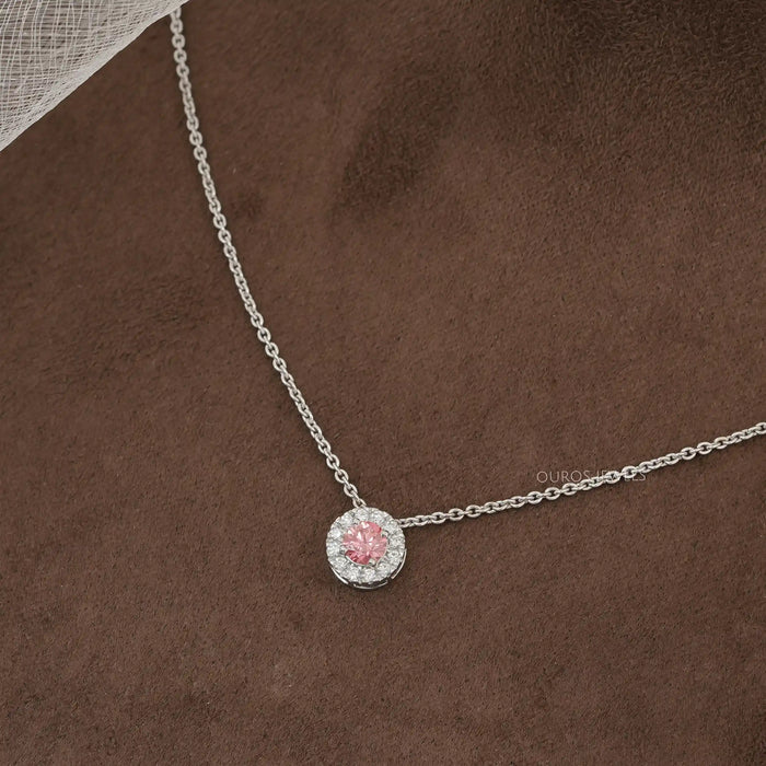 Pretty Pink Sapphire and Halo Diamond Pendant