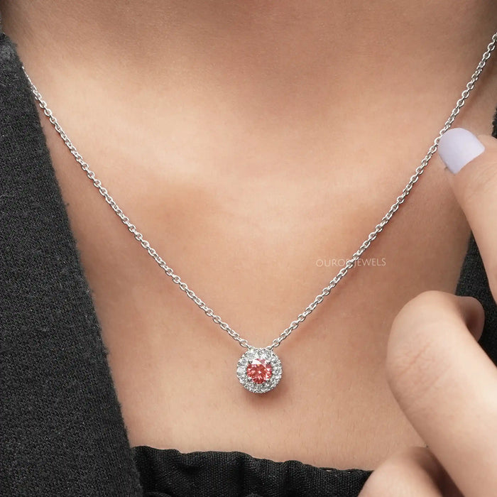 Pretty Pink Sapphire and Halo Diamond Pendant
