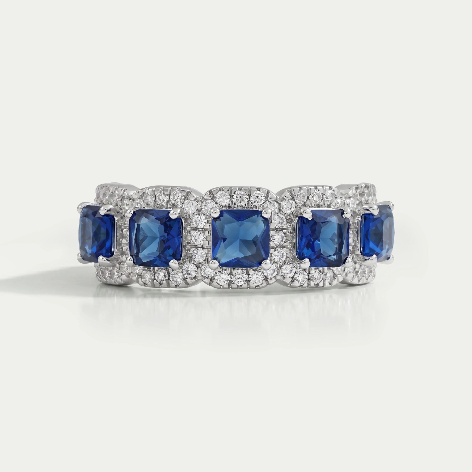 5 Stone Blue Asscher Cut Gemstone Halo Diamond Ring