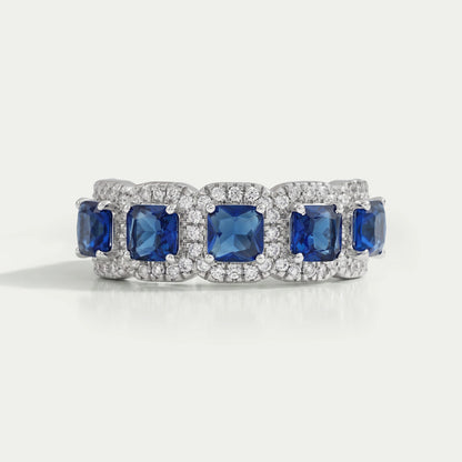 5 Stone Blue Asscher Cut Gemstone Halo Diamond Ring