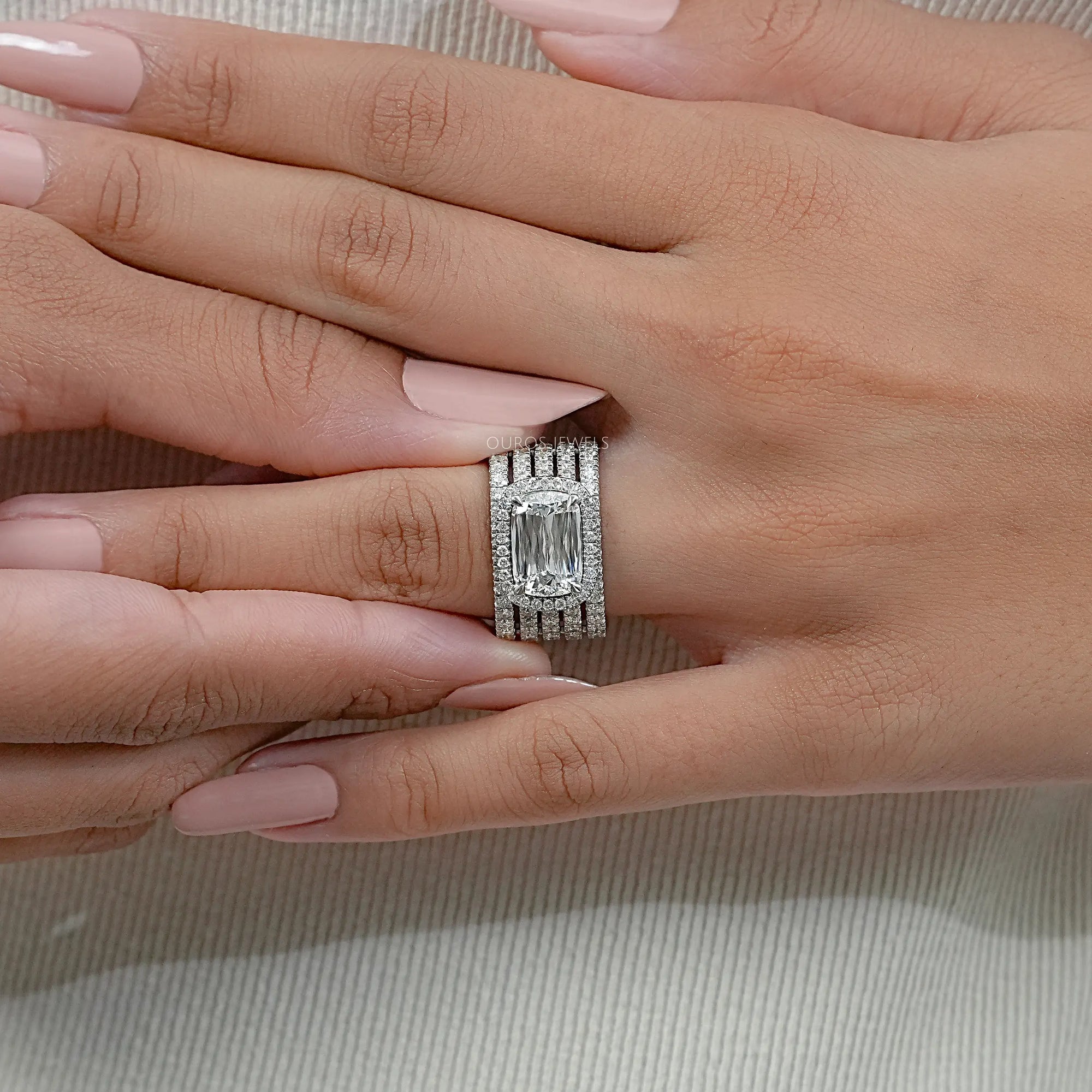 Old Mine Cushion Cut Lab Diamond Triple Band Ring 