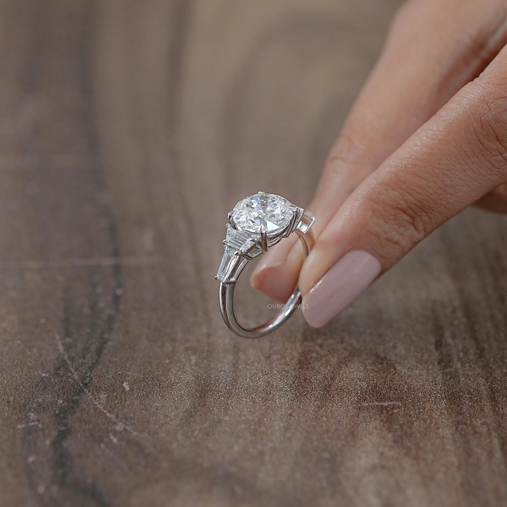 Round And Trapezoid Lab Diamond Five Stone Engagement Ring Rings