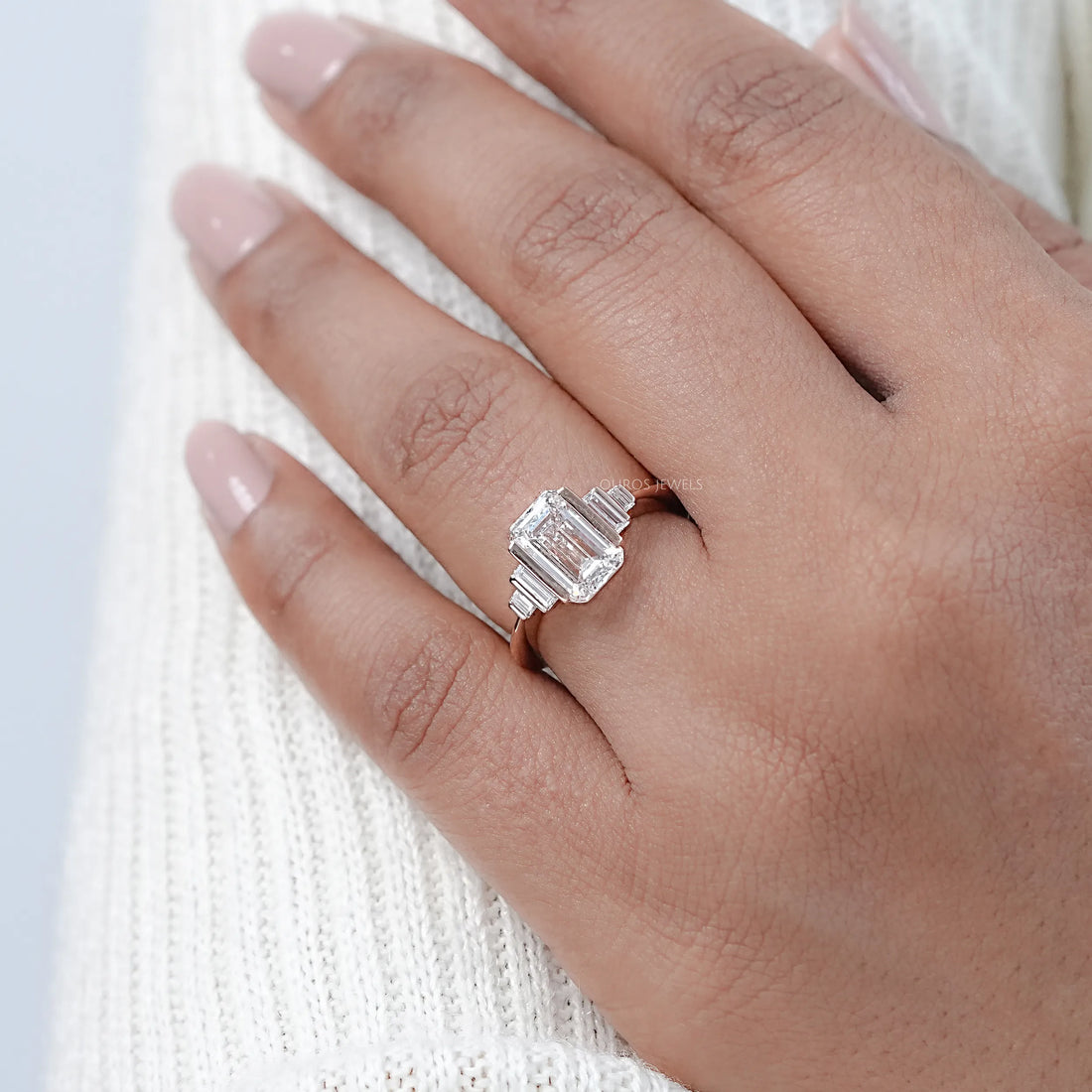 Emerald Half Bezel Set Baguette Diamond Engagement Ring Rings