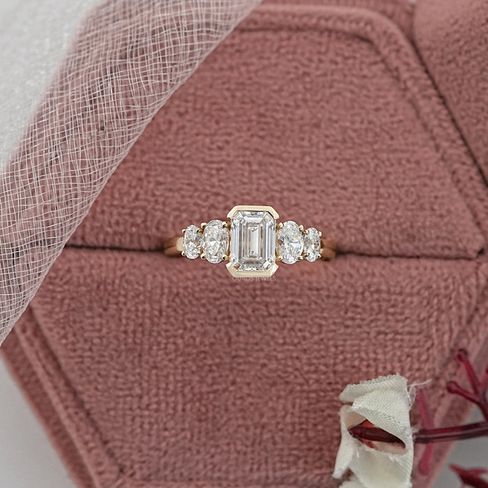 Half Bezel Emerald And Oval Five Stone Engagement Ring