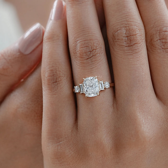 Elongated Cushion And Baguette Diamond Five Stone Engagement Ring