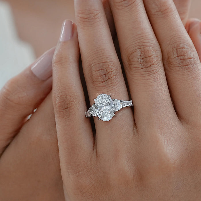 Oval And Half Moon Diamond Five Stone Engagement Ring