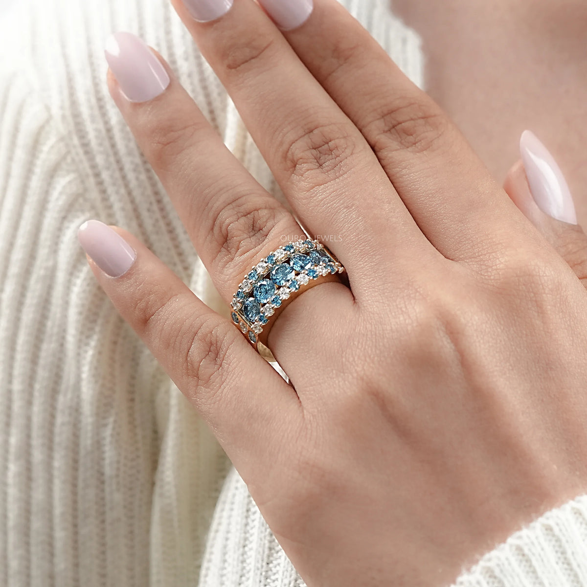 Blue And White Round Cut Lab Diamond Wide Band Rings