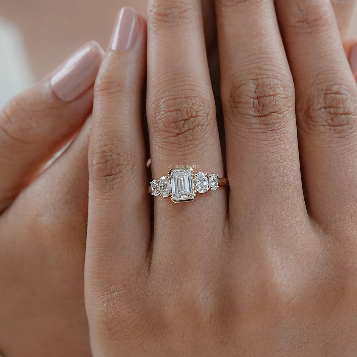 Half Bezel Emerald And Oval Five Stone Engagement Ring Rings