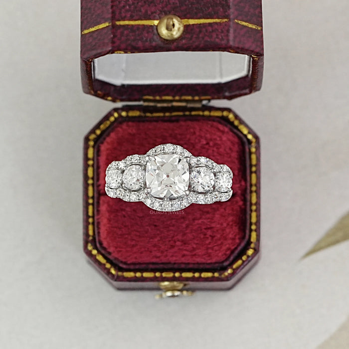 Square Old Mine Cushion Cut Five Stone Halo Engagement Ring