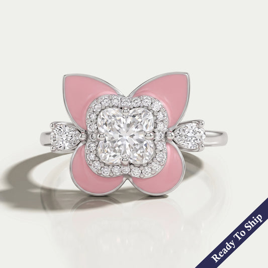 Antique Floral Cut Pink Enamel Engagement Ring