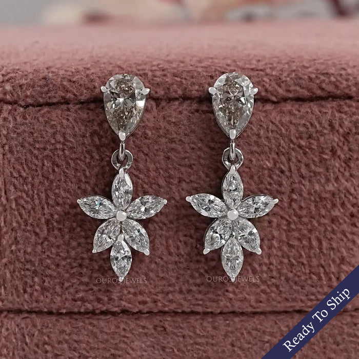 Olive Pear Lab Diamond Floral Drop Earrings