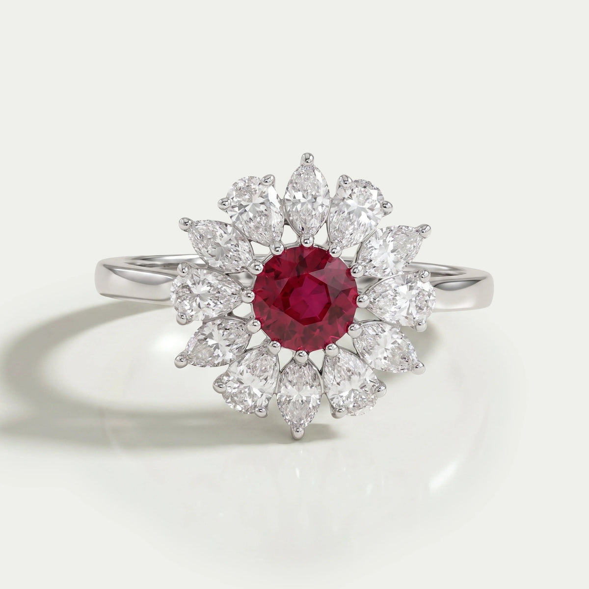 Ruby Round And Lab Diamond Floral Halo Engagement Ring