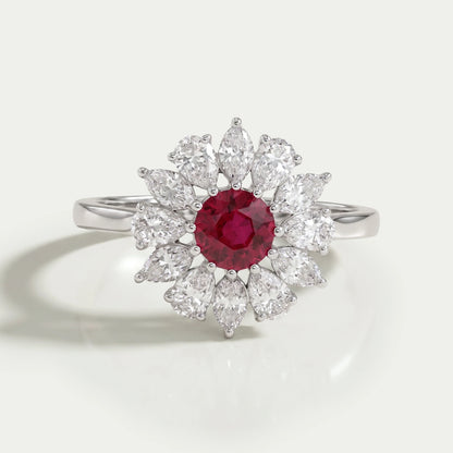 Ruby Round And Lab Diamond Floral Halo Engagement Ring