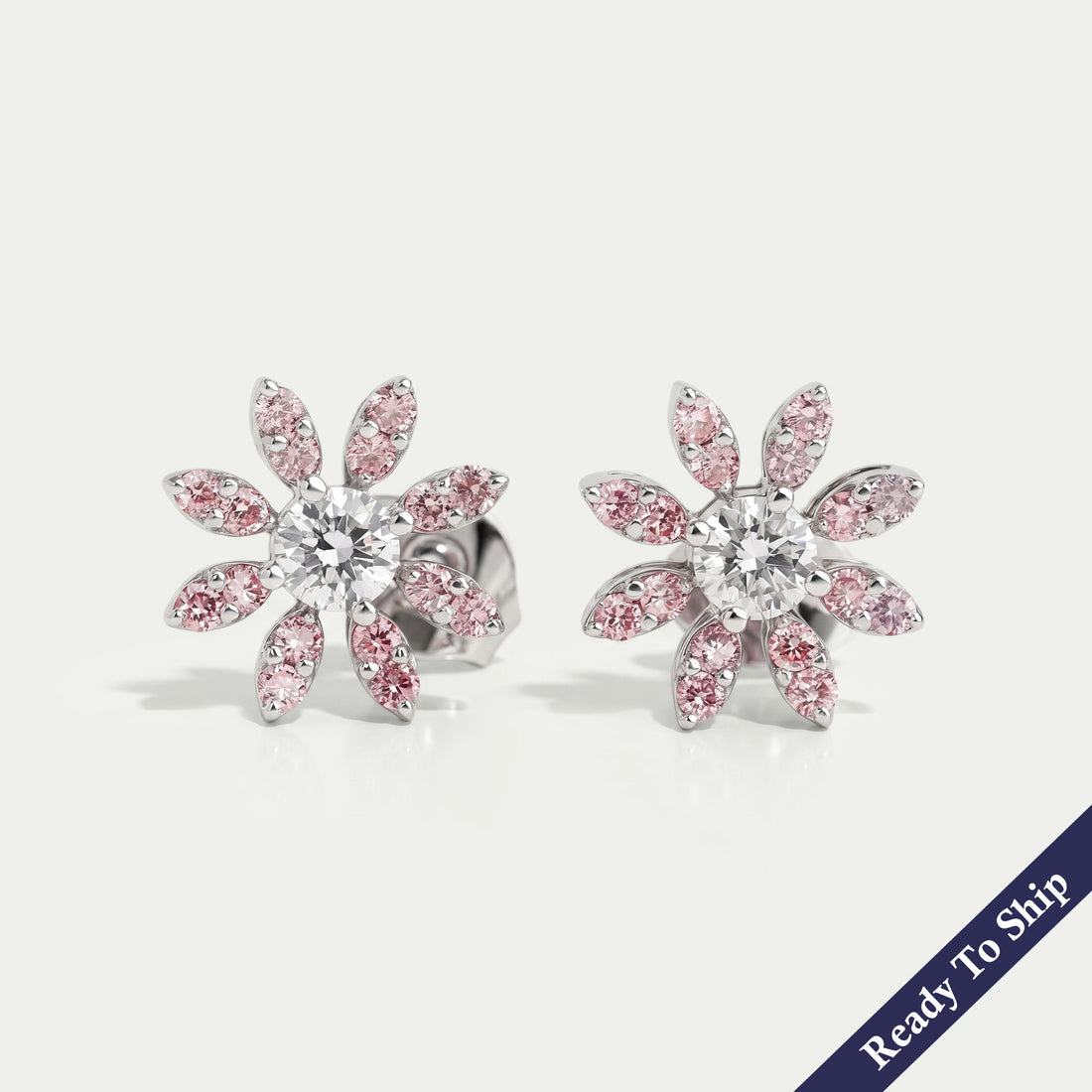 Pink Round Flower Shape Lab Diamond Stud Earrings
