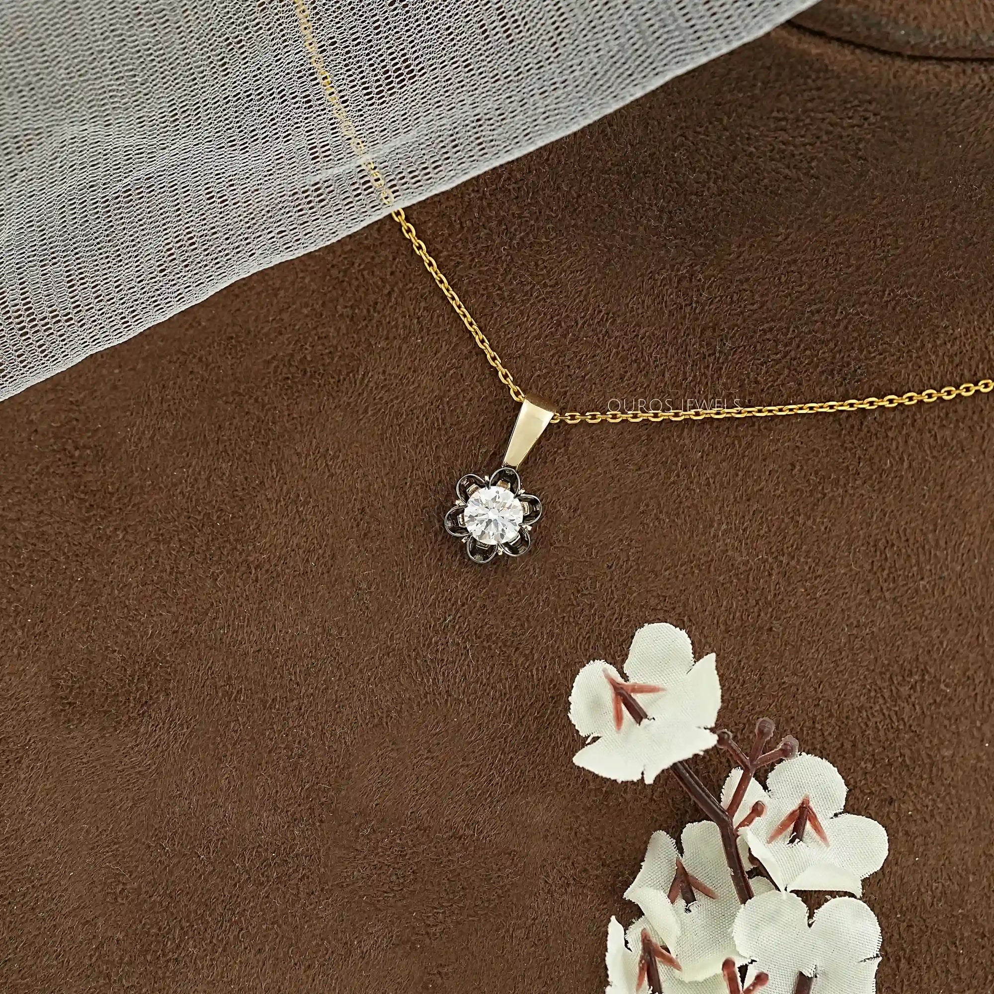 Round Lab Diamond Black Coated Flower Pendant