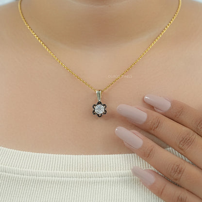 Round Lab Diamond Black Coated Flower Pendant