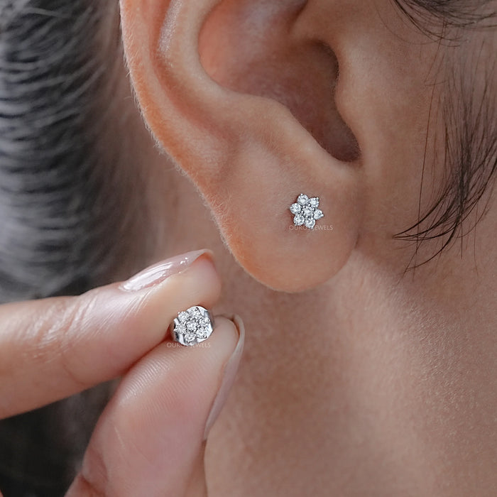 Pink and Blue Round Diamond Flower Earrings