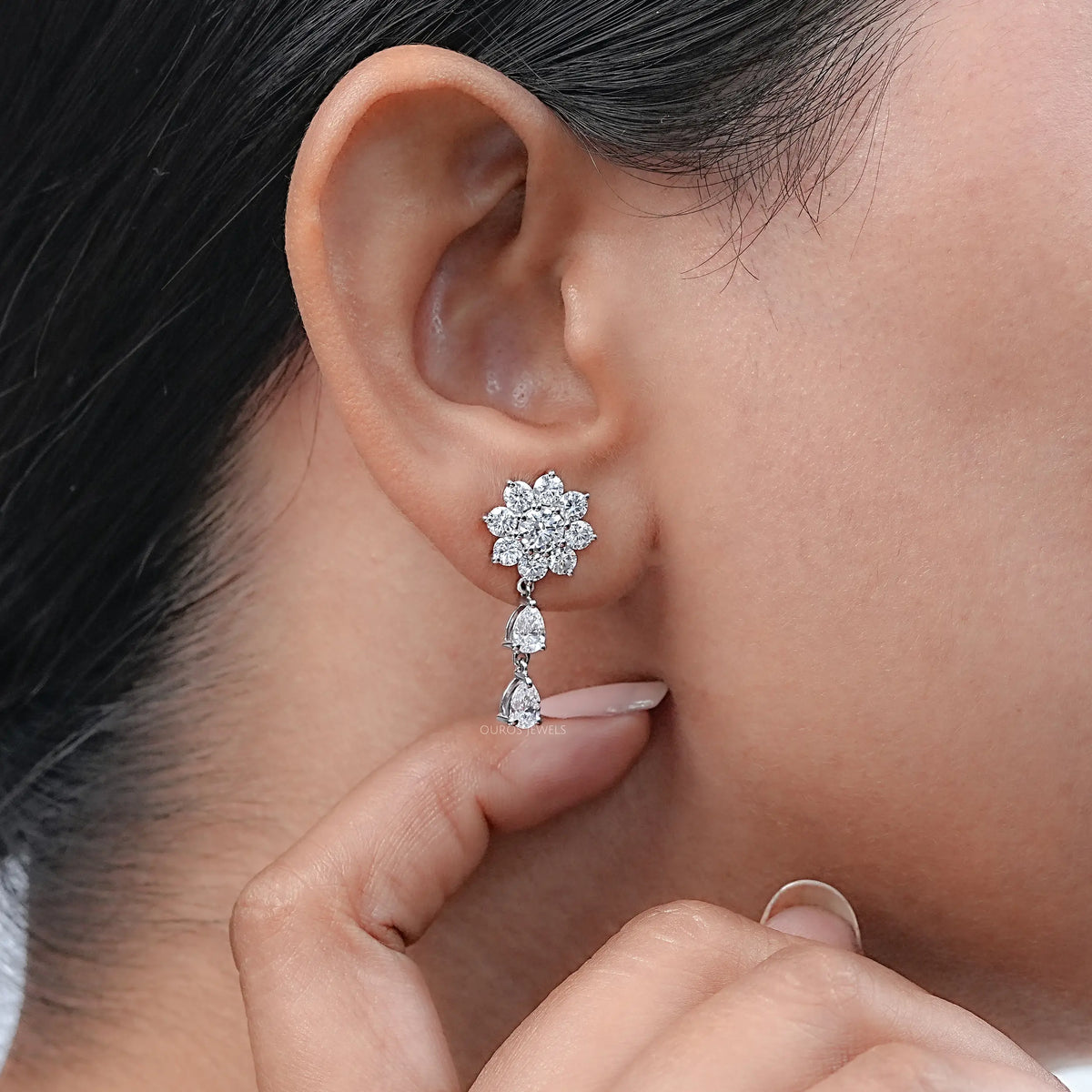 Round Diamond Halo Flower Drop Earrings Earrings