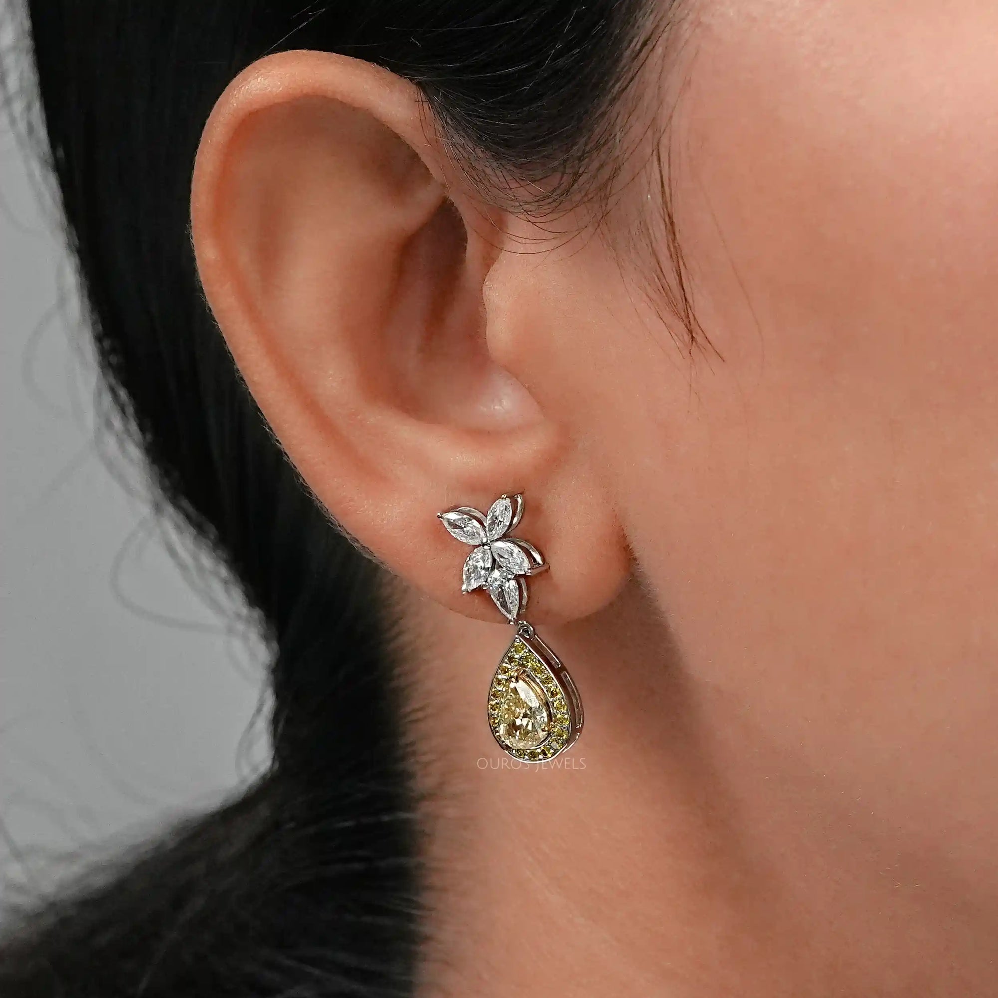 Yellow Pear Diamond Halo Drop Earrings Earrings