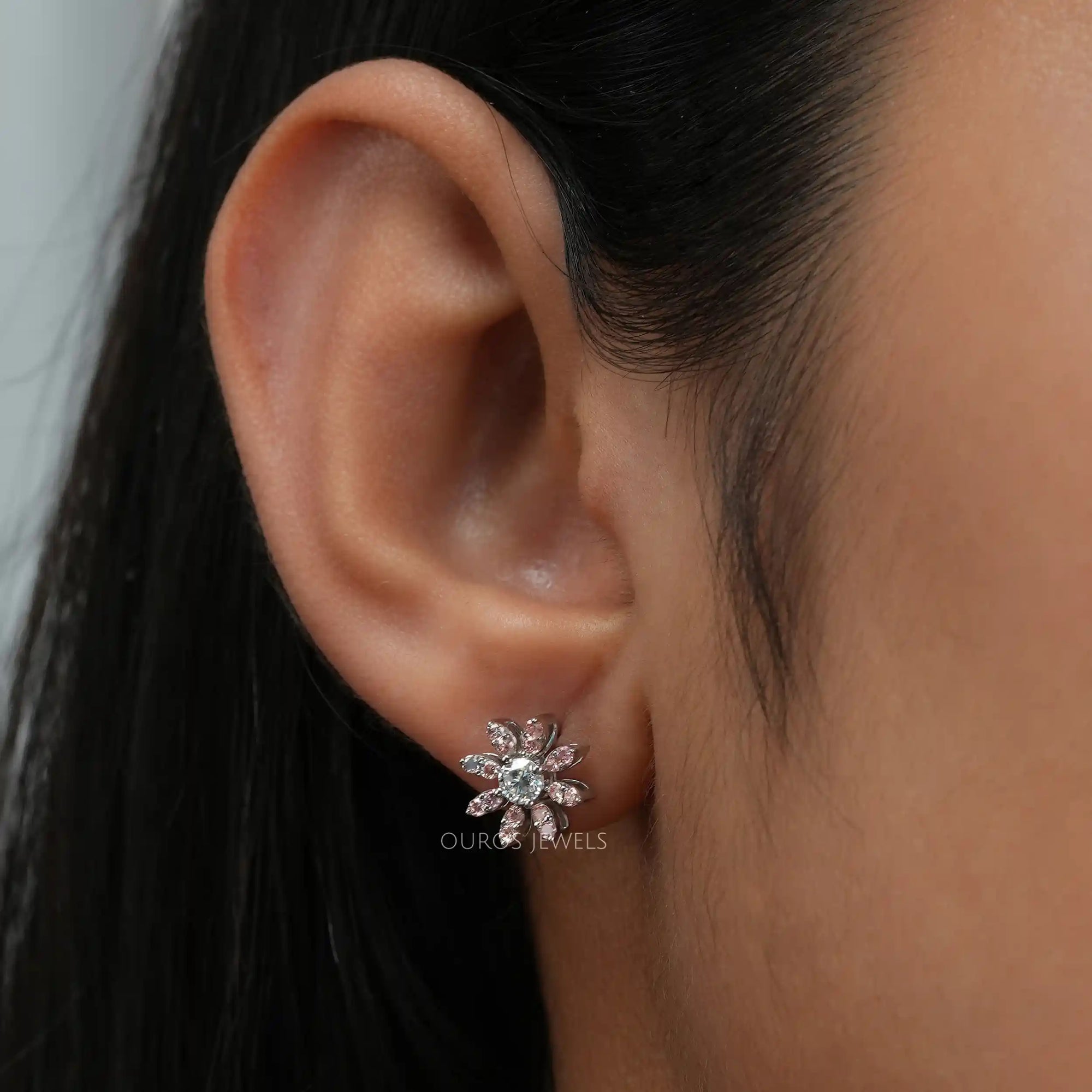 Pink Round Flower Shape Lab Diamond Stud Earrings