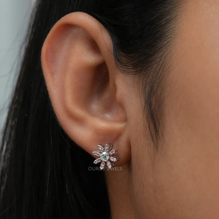 [A Women wearing Pink Round Diamond Flower Shape Stud Earringa]-[Ouros Jewels]