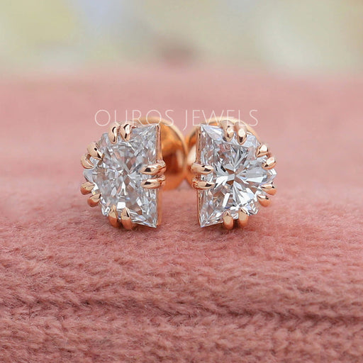 front view of cadillac cut diamond stud earrings rose gold on box