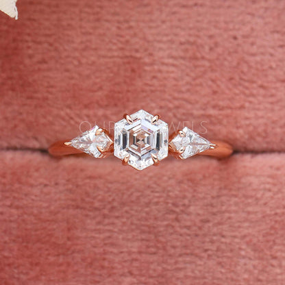 Three Stone Hexagon Cut Diamond Engagement Ring