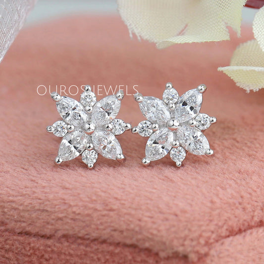 Cluster Diamond Marquise Stud Gold Earrings Earring