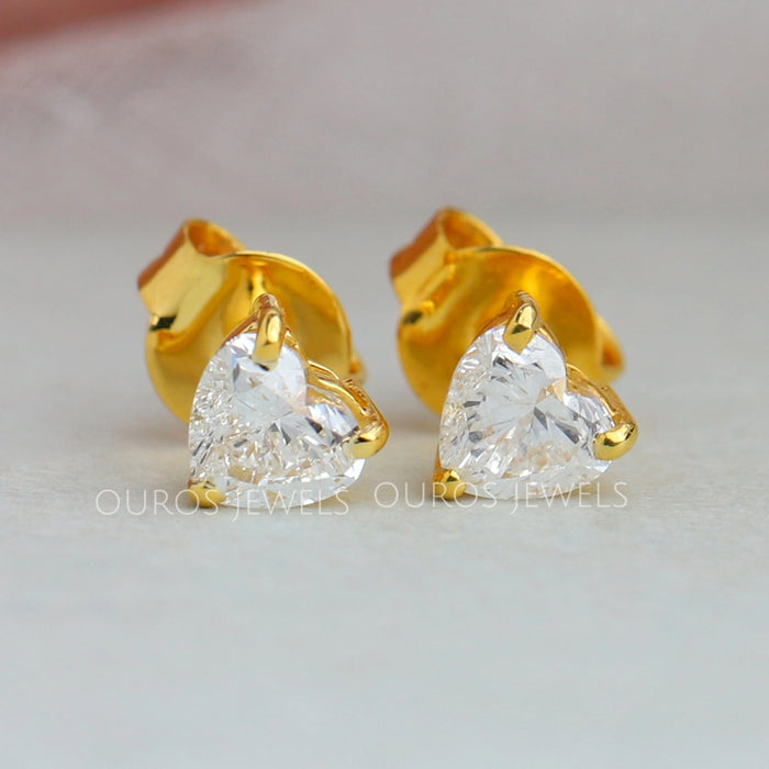front view heart shape lab diamond stud earrings yellow gold