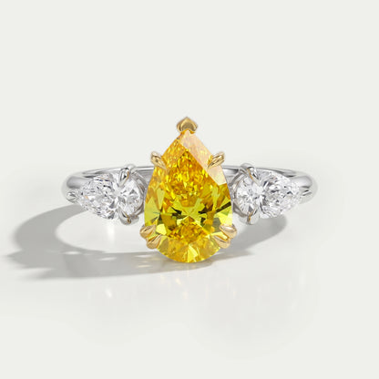 Yellow Pear Shaped Three Stone Diamond Ring