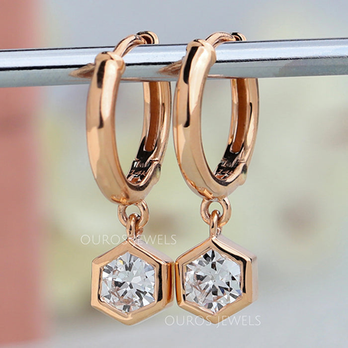 Hexagonal Shaped Diamond Huggie Hoop Earrings