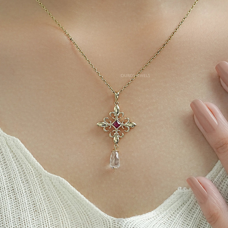 Ruby Gemstone Fleur De Lis Necklace with Briolette Cut Diamond