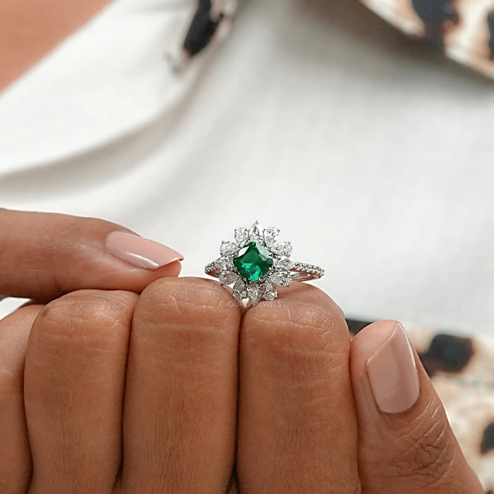 Green Cushion And Lab Diamond Halo Ring