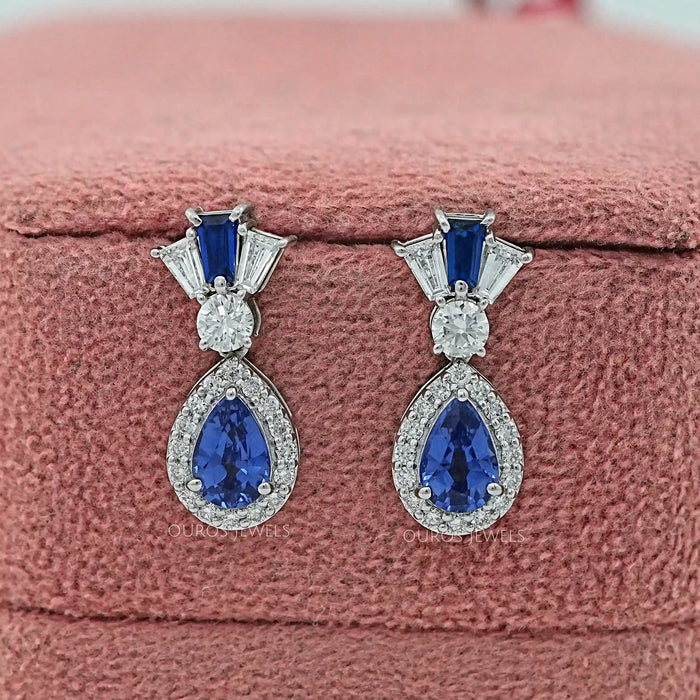 Pear Blue Gemstone And Tapered Baguette Halo Drop Earrings