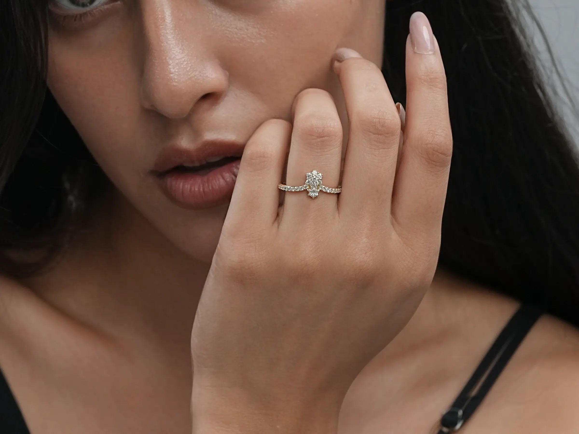 Image showing various lab-grown diamond fine jewelry,including curved wedding ring,stud earrings. A perfect jewelry gift for her!