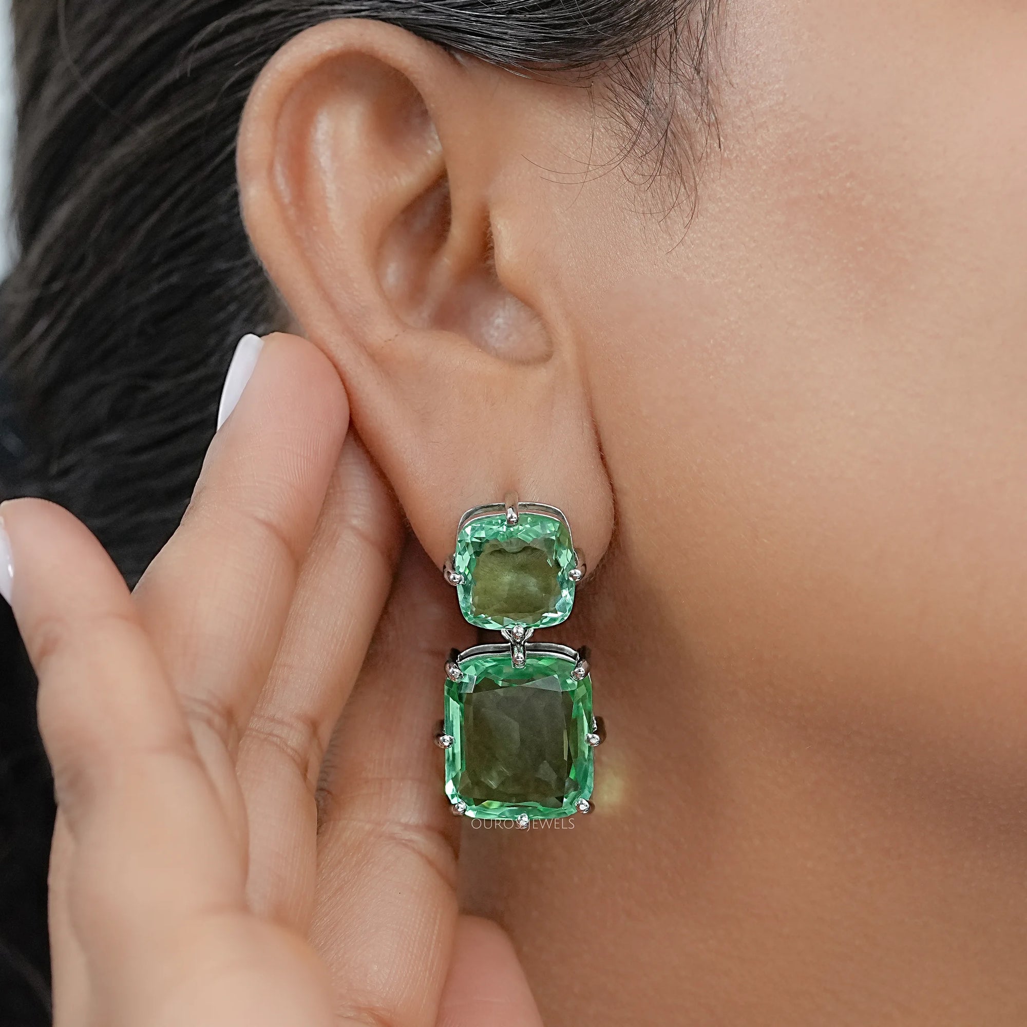 Mint Green Cushion Gemstone Drop Earrings