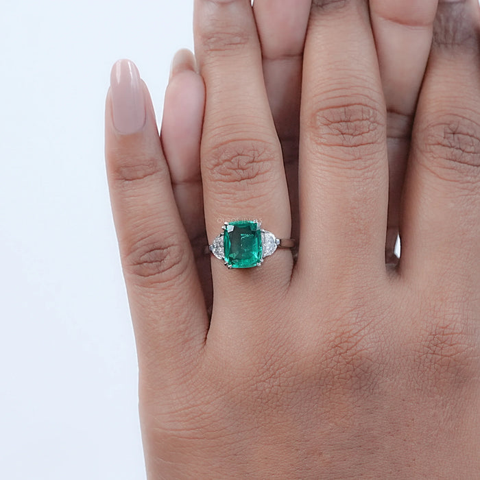Green Cushion And Half Moon Trio Engagement Ring