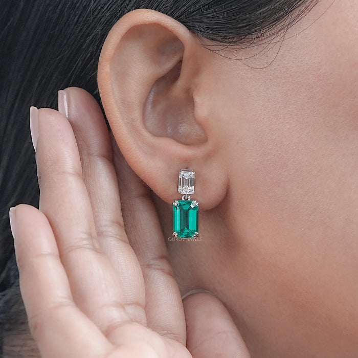 Two Stone Green Emerald Gemstone Drop Earrings