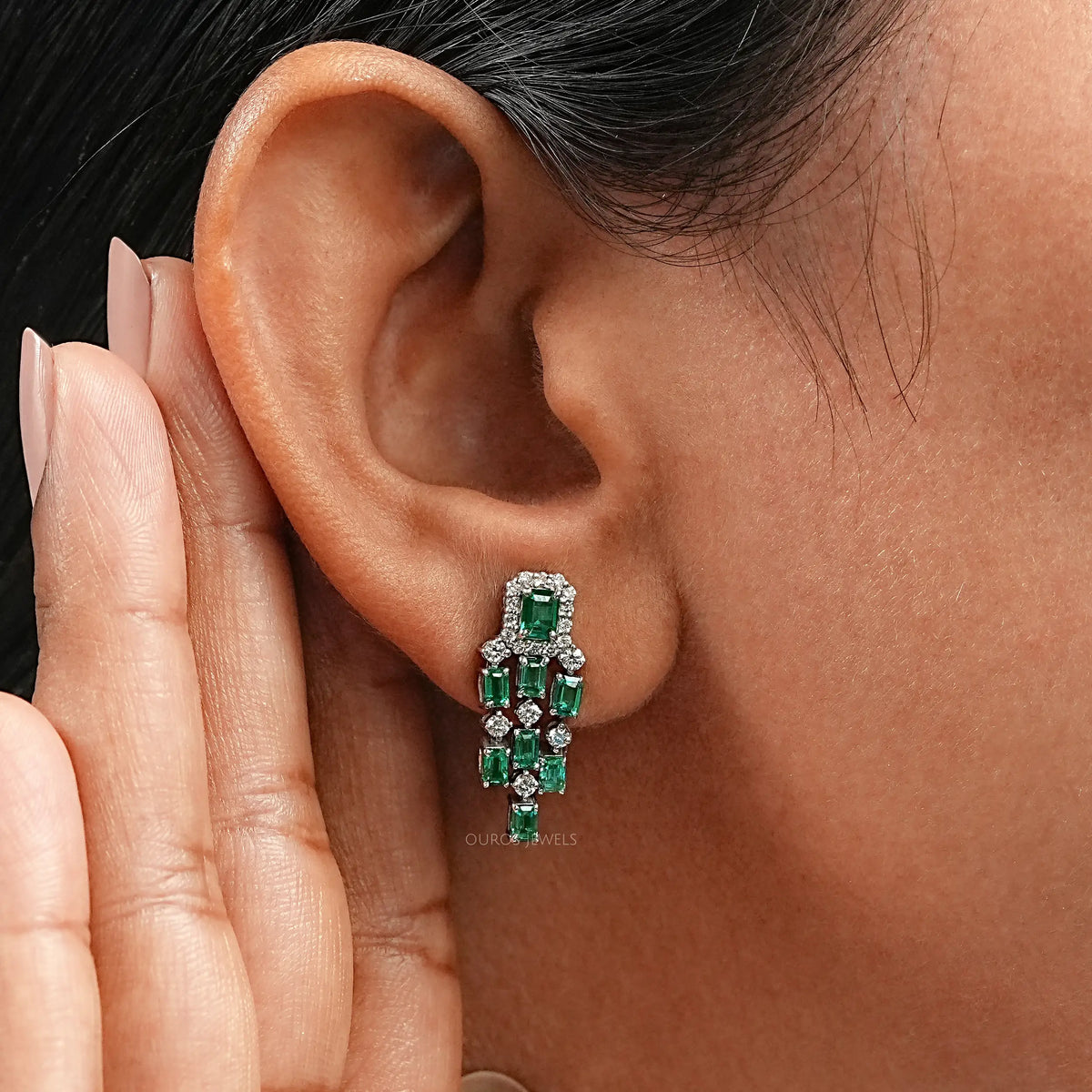 Green Emerald Halo Chandelier Dangle Earrings