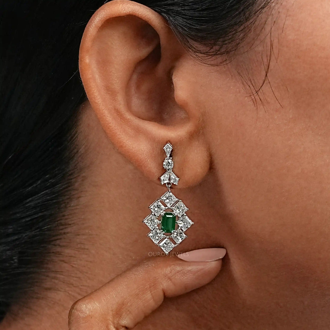 Green Gemstone And Princess Halo Earrings Earring