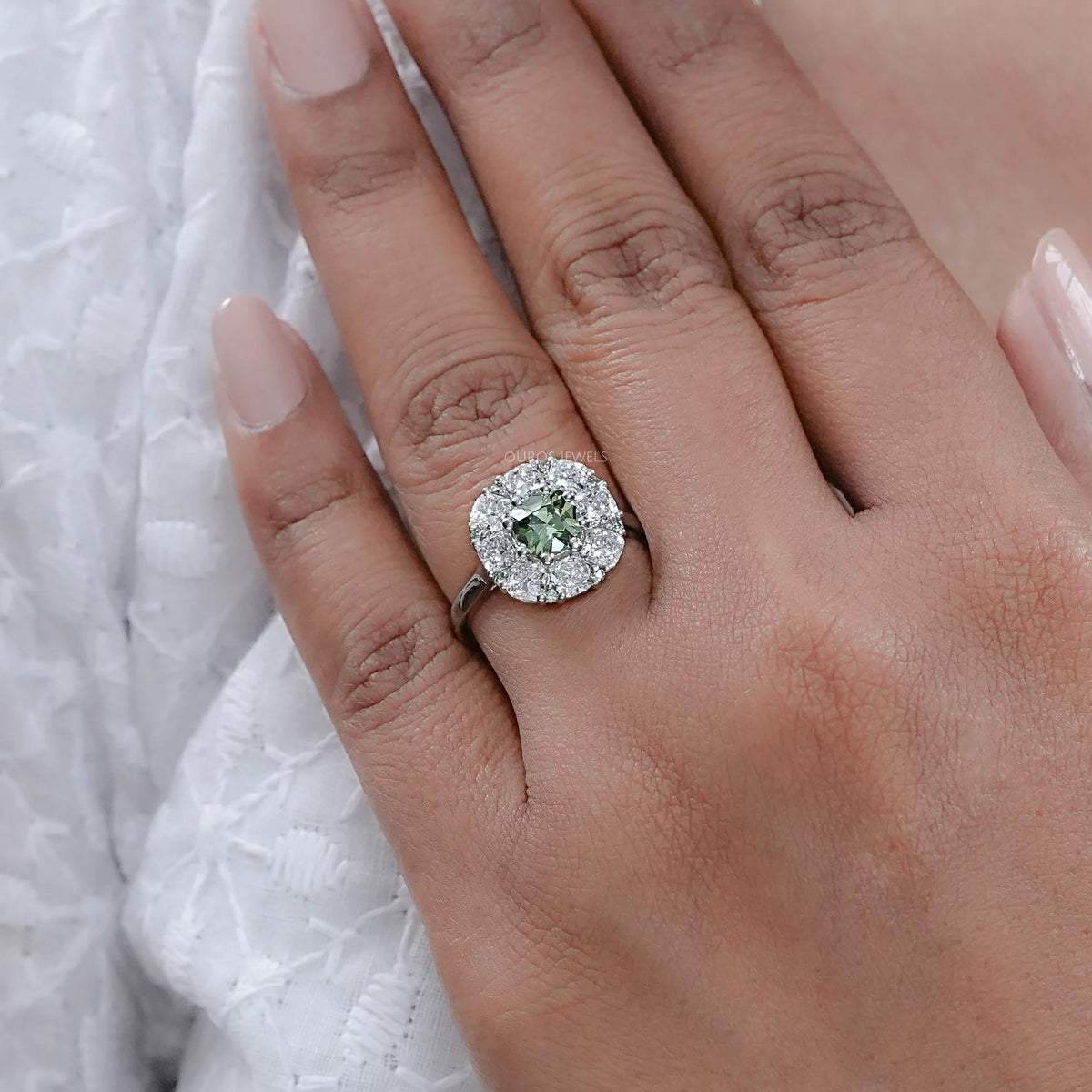 Green Cushion Cut Lab Diamond Halo Engagement Ring Ring
