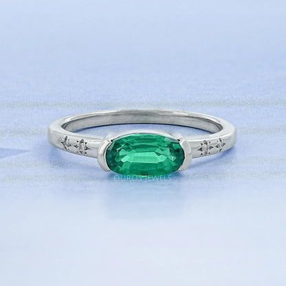 Green East West Oval Gemstone Accent Engagement Ring