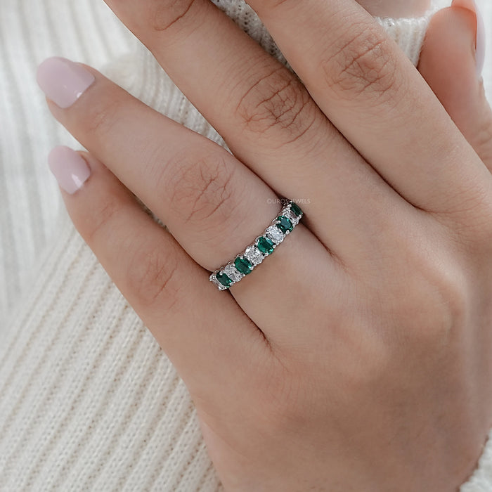 Oval Emerald And Lab Grown Diamond Half Eternity Band