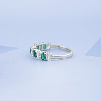 Green Oval Gemstone Half Eternity Wedding Band Rings