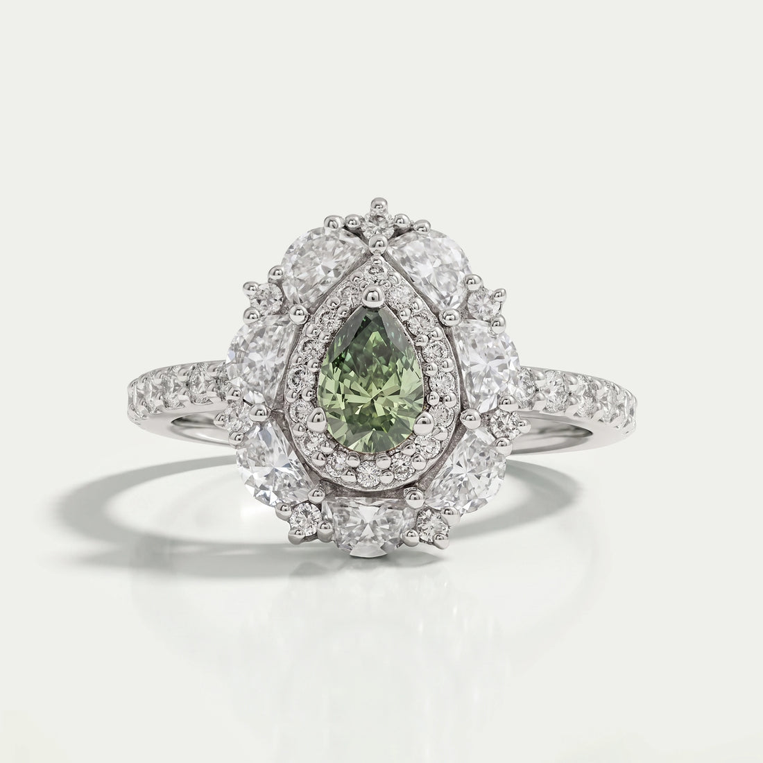 Green Pear Cut Surround Double Halo Diamond Engagement Ring Rings