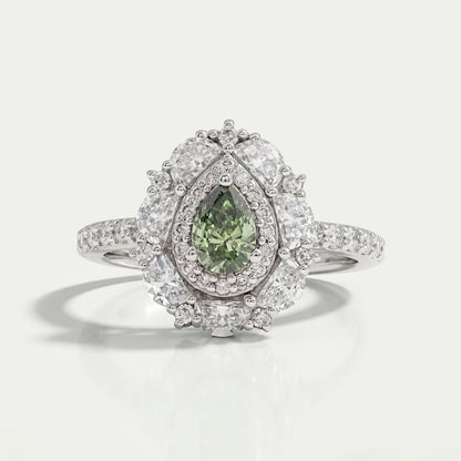 Green Pear Cut Surround Double Halo Diamond Engagement Ring Rings
