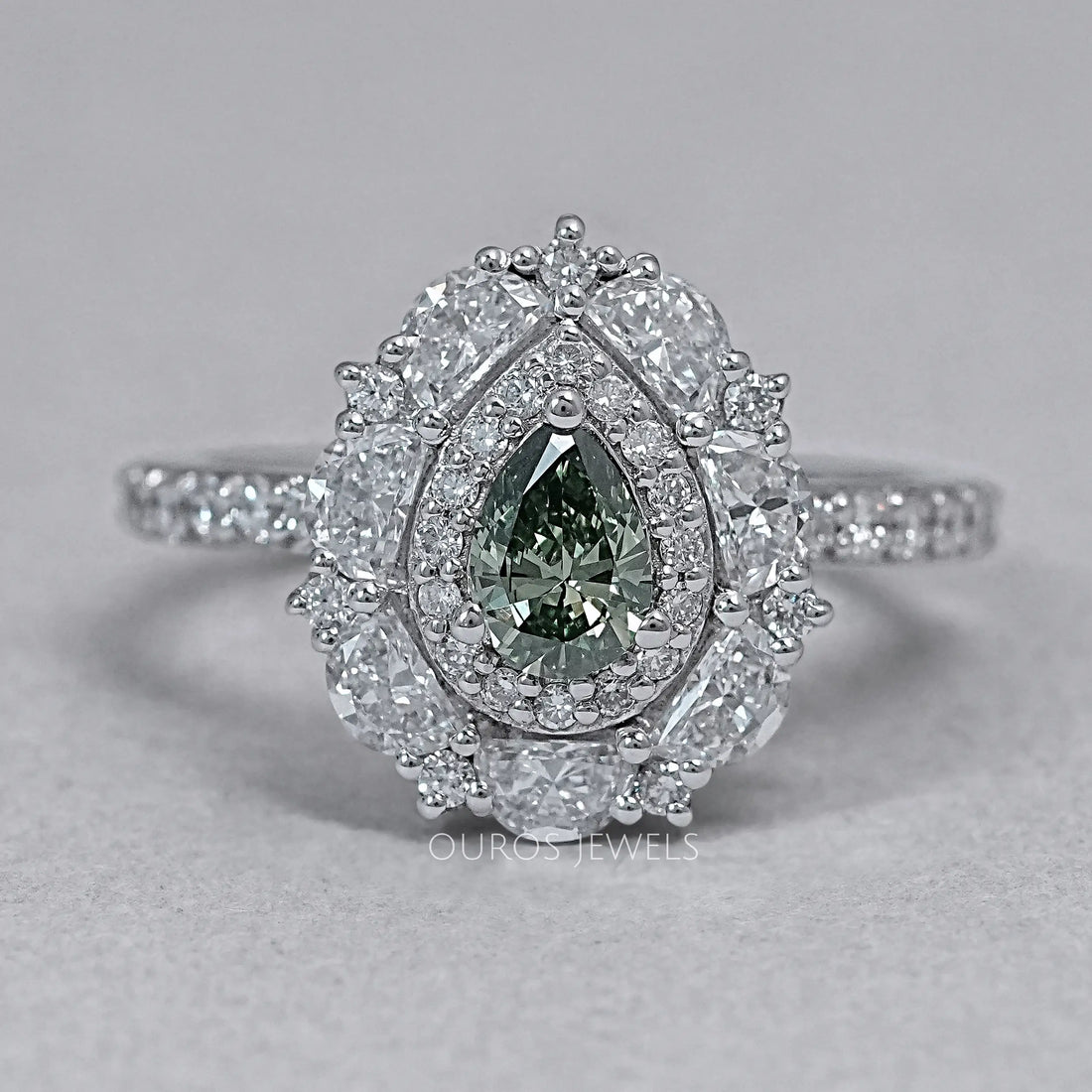 Green Pear Cut Surround Double Halo Diamond Engagement Ring Rings